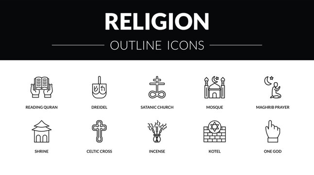 outline religion icons set - reading quran, dreidel, shrine, one god. editable vector for web and mobile ui