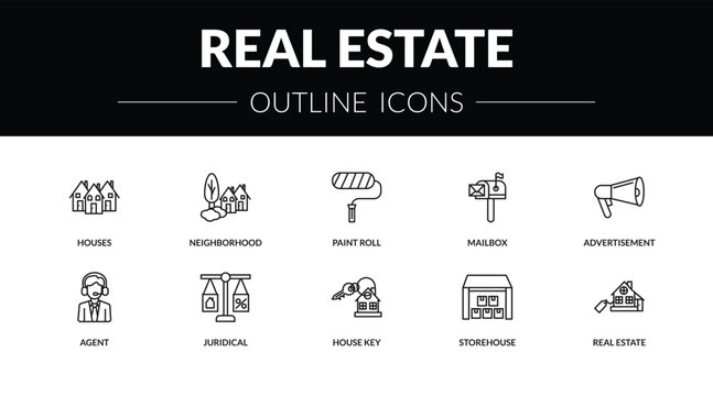 outline real estate icons set - houses, neighborhood, agent, real estate. editable vector for web and mobile ui