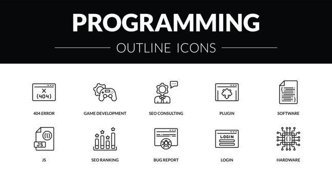 outline programming icons set - 404 error, game development, js, hardware. editable vector for web and mobile ui