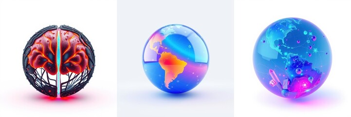 Obraz premium Three spherical images depict brain, earth, globe. Vivid colors, glossy surfaces create futuristic aesthetic. Digital art, concept illustration.