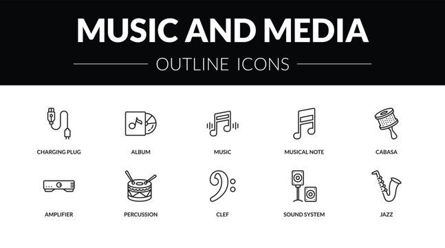 outline music and media icons set - charging plug, album, amplifier, jazz. editable vector for web and mobile ui