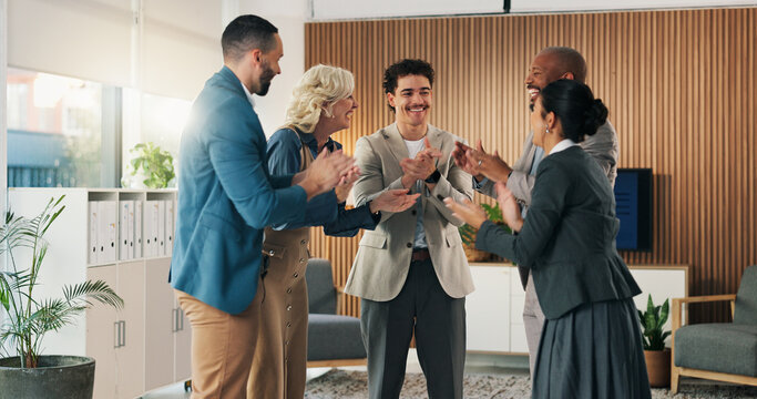 Laugh, business people and applause in office for success, company growth or financial achievement. Team, excited and employees clapping together in workplace for milestone, celebration or funding