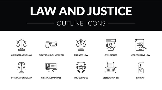 outline law and justice icons set - adminstrative law, electroshock weapon, international law, bargain. editable vector for web and mobile ui