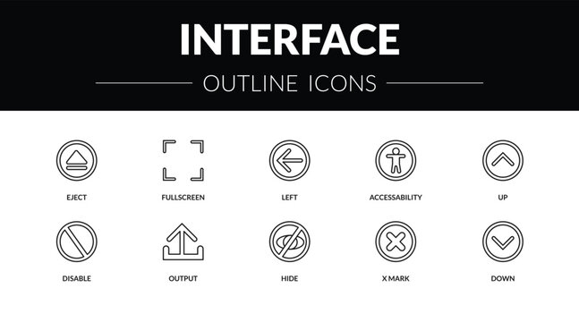 outline interface icons set - eject, fullscreen, disable, down. editable vector for web and mobile ui