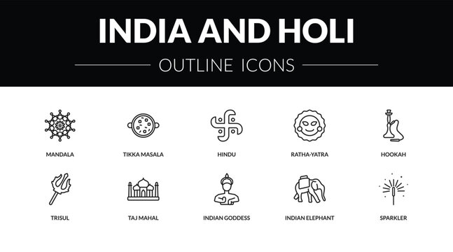 outline india and holi icons set - mandala, tikka masala, trisul, sparkler. editable vector for web and mobile ui