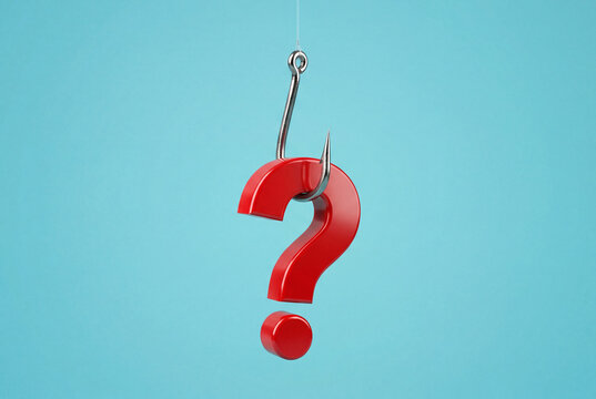 Red three dimensional question mark caught on a metal fishing hook