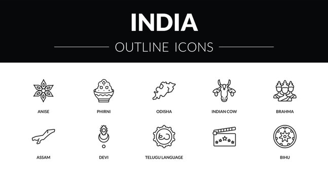 outline india icons set - anise, phirni, assam, bihu. editable vector for web and mobile ui