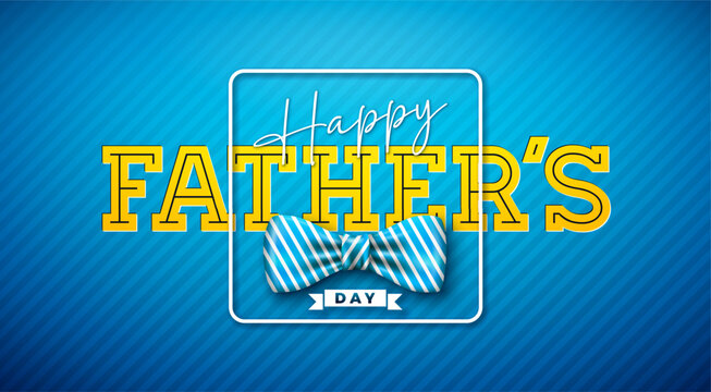 Happy Father's Day Greeting Card Design with Bow Tie, Heart and Typography Lettering on Blue Background. Vector Celebration Illustration for the Best Dad. Fathers Day Template for Banner, Flyer