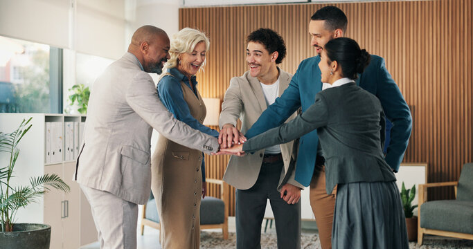 Teamwork, business people and stack hands in office for cooperation, support and goal motivation. Group, excited and collaboration with employees for solidarity, mission or cohesion with diversity