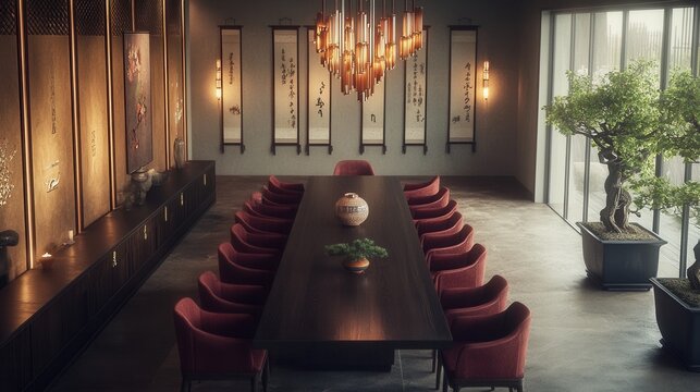 Elegant dining room with a long table and red chairs,traditional scrolls on the wall,and a bonsai tree.