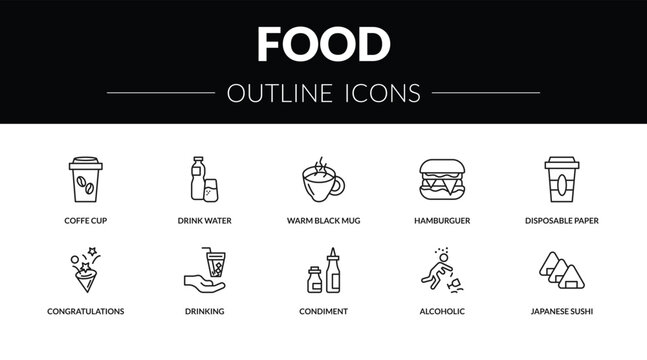 outline food icons set - coffe cup, drink water, congratulations, japanese sushi. editable vector for web and mobile ui