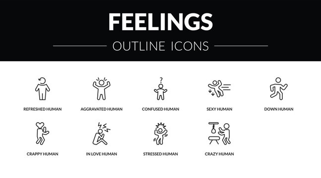 outline feelings icons set - refreshed human, aggravated human, crappy human, hopeless editable vector for web and mobile ui