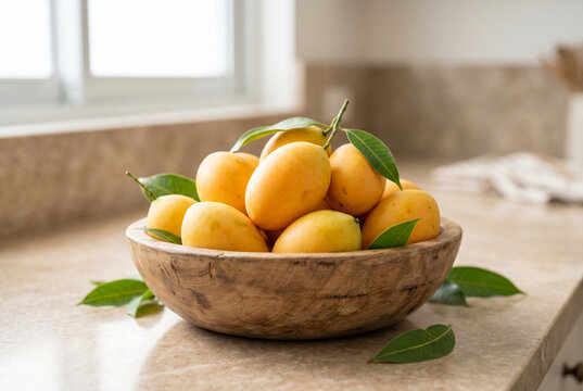 Bowl of ripe yellow maprang fruits on kitchen counter