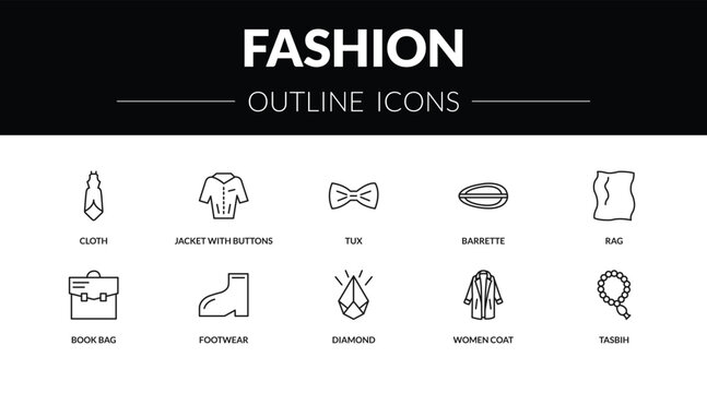 outline fashion icons set - cloth, jacket with buttons, book bag, tasbih. editable vector for web and mobile ui