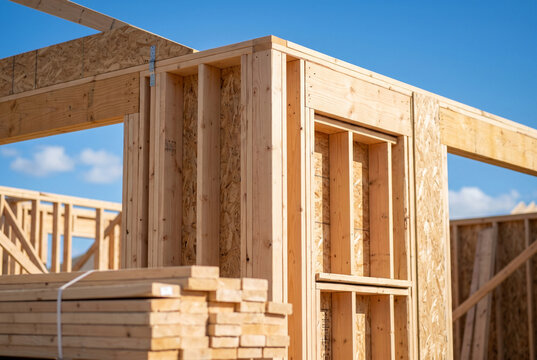 Uncompleted wooden framing detail on a new residential housing construction site