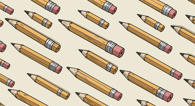 Fun seamless pattern of yellow pencils with erasers arranged at different angles on a neutral beige background for school and office themes.