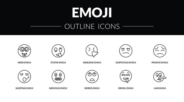 outline emoji icons set - nerd emoji, stupid emoji, sleeping liar editable vector for web and mobile ui