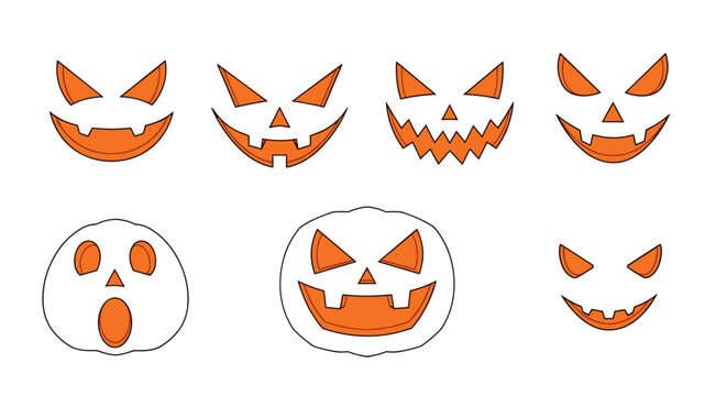 Image 8: Collection of various spooky and funny orange jack-o-lantern faces for Halloween pumpkin carving ideas and festive seasonal decorations.