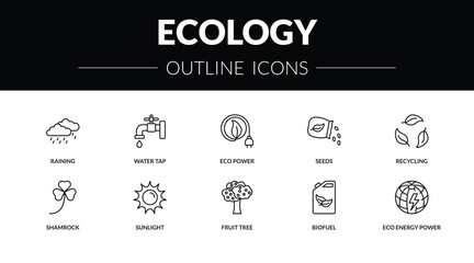 outline ecology icons set - raining, water tap, shamrock, eco energy power. editable vector for web and mobile ui © IconArt