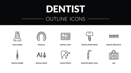 outline dentist icons set - male nurse, maxilla, dental probe, aid. editable vector for web and mobile ui © IconArt