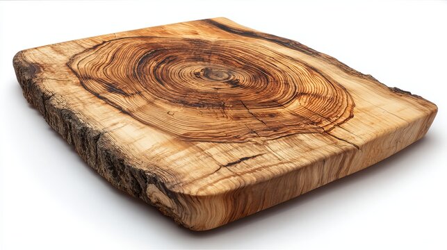 A rustic wooden cutting board, showcasing the natural grain and unique patterns of a tree's cross-section, offers a charming culinary surface.