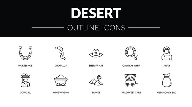 outline desert icons set - horseshoe, crotalus, cowgirl, old money bag. editable vector for web and mobile ui