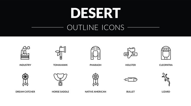 outline desert icons set - industry, tomahawk, dream catcher, lizard. editable vector for web and mobile ui