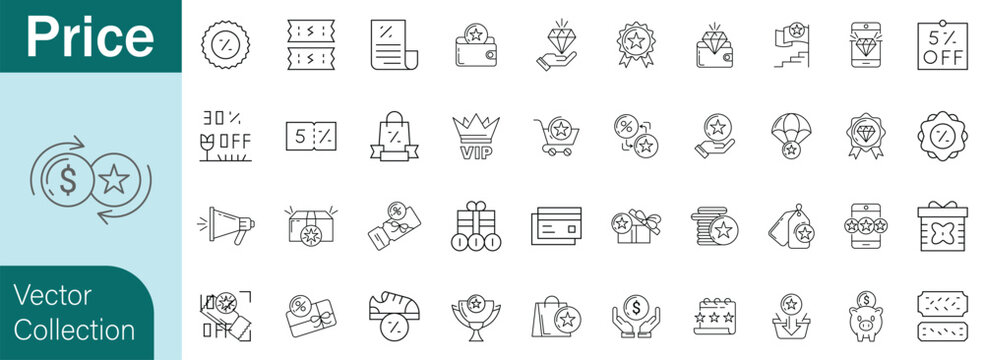  Price icon set. Invoice and discount symbol. Vector illustration. 