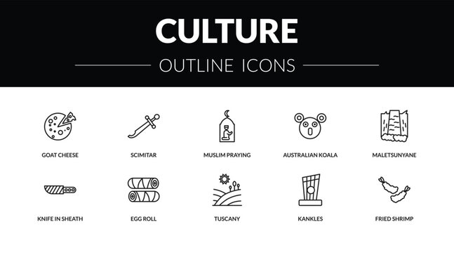 outline culture icons set - goat cheese, scimitar, knife in sheath, fried shrimp. editable vector for web and mobile ui