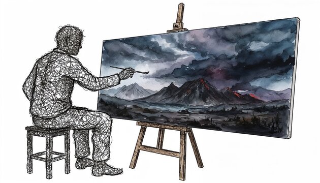 Scribble Line Art Artist Painting Stormy Purple Mountain Watercolor Canvas Easel
