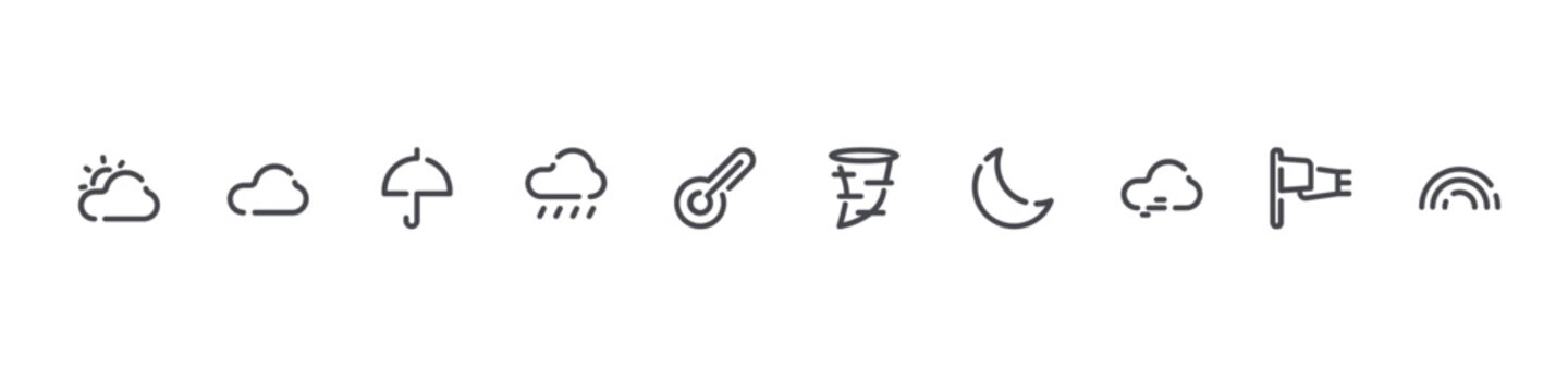 set of 10 thin line weather icons such as cloudy, cloud, umbrella, rainy, thermometer, tornado, half moon, wind, windsock, rainbow. editable stroke vector illustration isolated on white