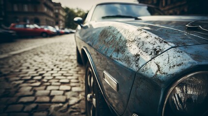 Fototapeta premium A weathered, vintage blue muscle car sits parked on a cobblestone street, showcasing its aged beauty and classic automotive design.