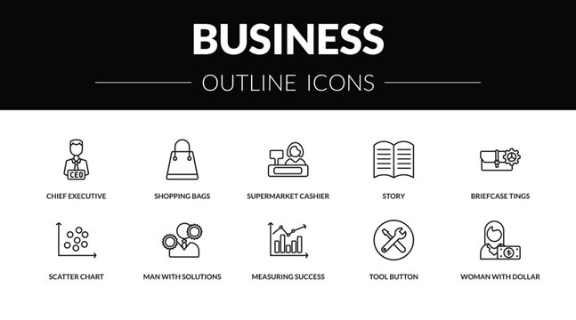 outline business icons set - chief executive officer, shopping bags, scatter chart, woman with dollar bill. editable vector for web and mobile ui