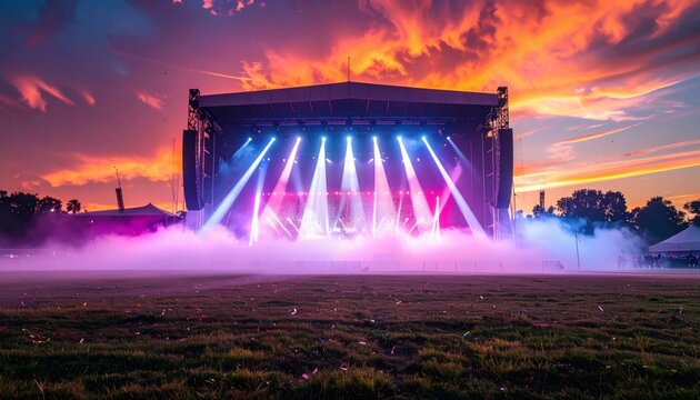 Empty outdoor music festival stage background at twilight with vibrant neon laser lights, fog, and suspended confetti, no people, copy space..