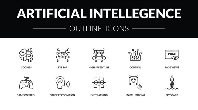 outline artificial intellegence icons set - cookies, eye tap, game control, flyboard. editable vector for web and mobile ui