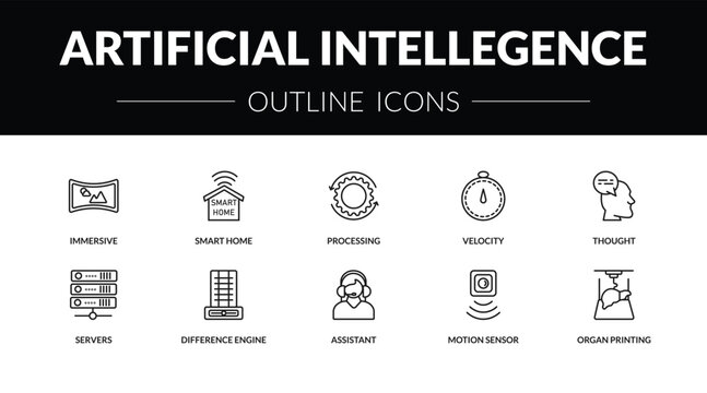 outline artificial intellegence icons set - immersive, smart home, servers, organ printing. editable vector for web and mobile ui