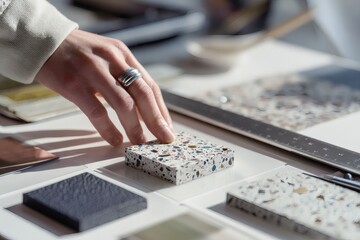 Fototapeta premium POV of Designer Touching Recycled Composite Material Sample at Studio Desk.