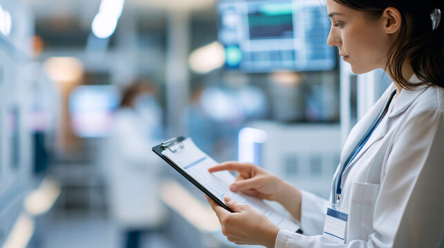 Faceless female engineer checking and inspecting medical equipment in a hospital setting, clipboard in hand, defocused hospital corridor in background, medical equipment