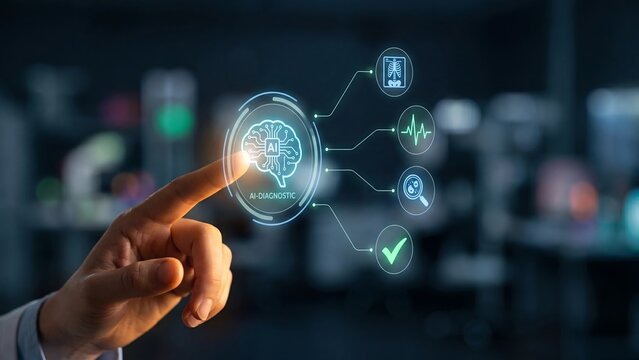 Finger touching glowing holographic AI diagnostic brain interface with xray heartbeat and microscope icons showing artificial intelligence medical diagnosis healthcare technology and analysis