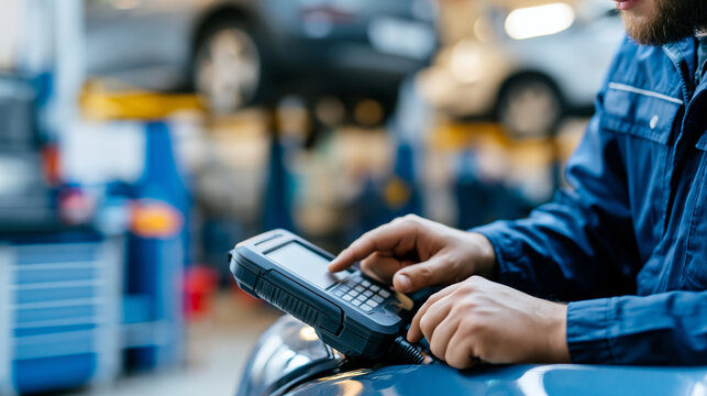 Faceless mechanic using a diagnostic scanner tool connected to a car's onboard port in a professional repair garage, defocused workshop equipment and lifted vehicles in
