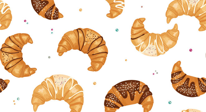 Delicious croissant seamless pattern features various types of pastries with chocolate sprinkles and white glaze on a white background.