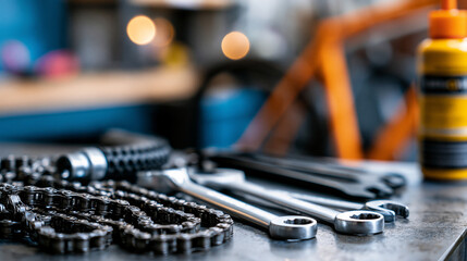 Obraz premium Collection of bicycle maintenance tools and spare parts arranged on a workshop surface — chain links, wrenches, tire levers and lubricant — defocused workshop background, bike