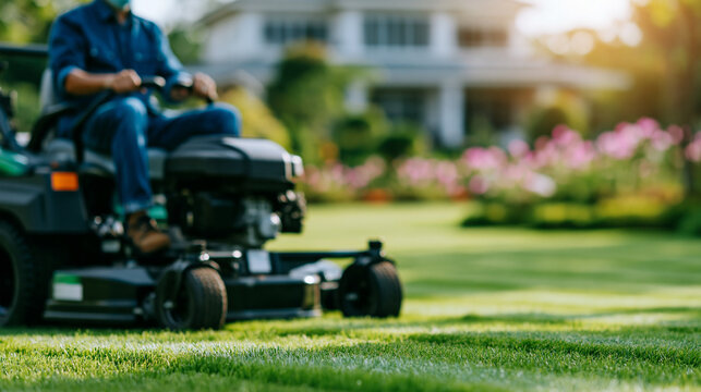Faceless professional landscaper mowing a large garden with a zero-turn riding lawn mower, precise cutting lines visible, defocused garden and property in background, lawn care