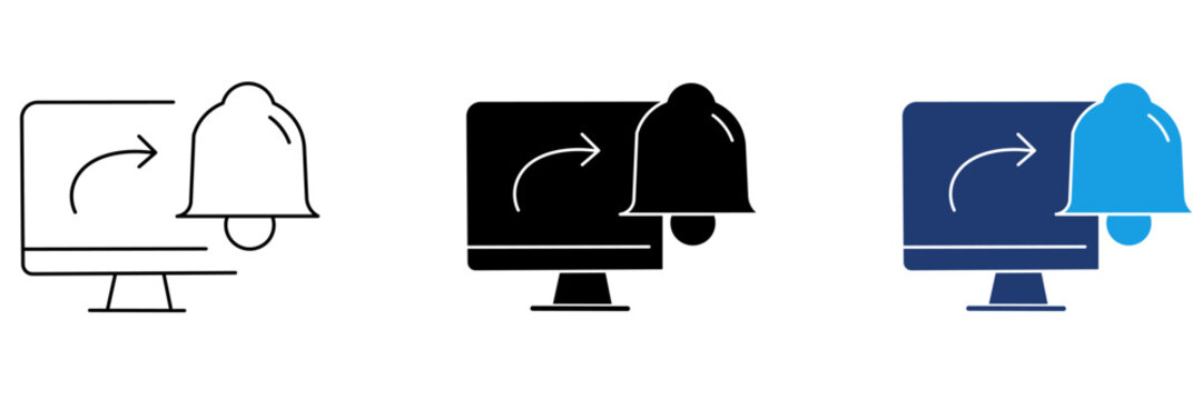 Desktop Notification System icon collections. Containing Computer Monitor, Bell Alert, Share Arrow, Reminder and more icons.