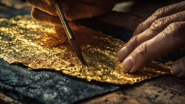 POV of Applying Genuine Gold Leaf to Thai Lacquerwork.