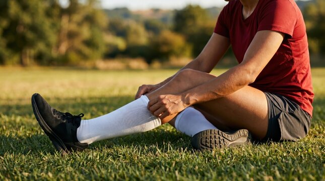 Woman runner putting on white compression sock after workout on green grass. Athlete using orthopedic gear for recovery. Concept of sports health, injury prevention, and leg muscle support.