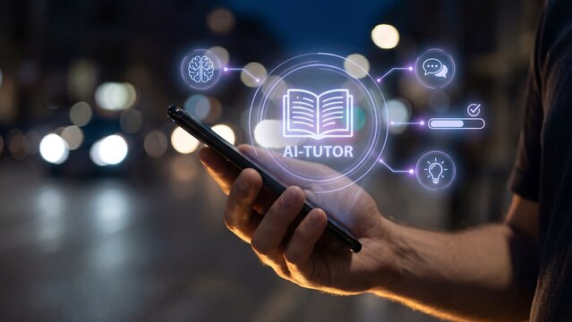 Hand holding smartphone with glowing holographic AI tutor book interface brain chat and lightbulb icons on blurred street showing artificial intelligence learning and smart education technology
