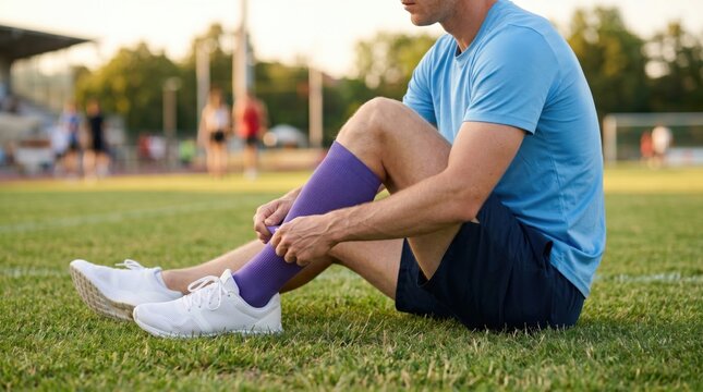 Man sitting on soccer field adjusting purple compression sock. Athlete putting on footwear before competition or training session. Healthy lifestyle and sports recovery equipment concept.