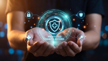 Fototapeta premium Open hands holding glowing holographic protected health record interface with medical cross shield lock and key icons showing patient data privacy security and healthcare information protection