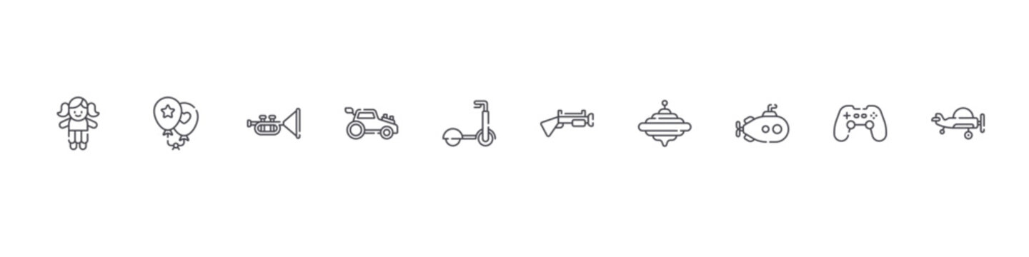 set of 10 thin line children toys icons such as doll, balloons, et, car toy, scooter, gun, spinning top, submarine, joystick, plane. editable stroke vector illustration isolated on white